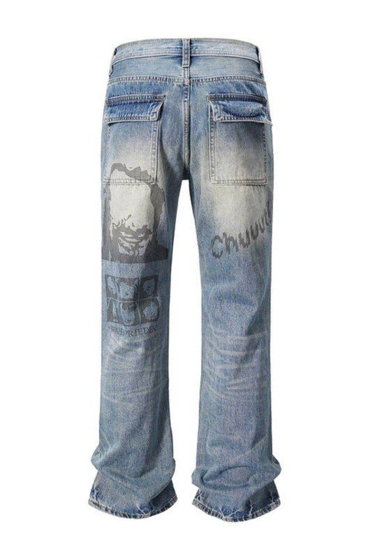 Men's Distressed Detail Printed Baggy Jeans - Hovatok