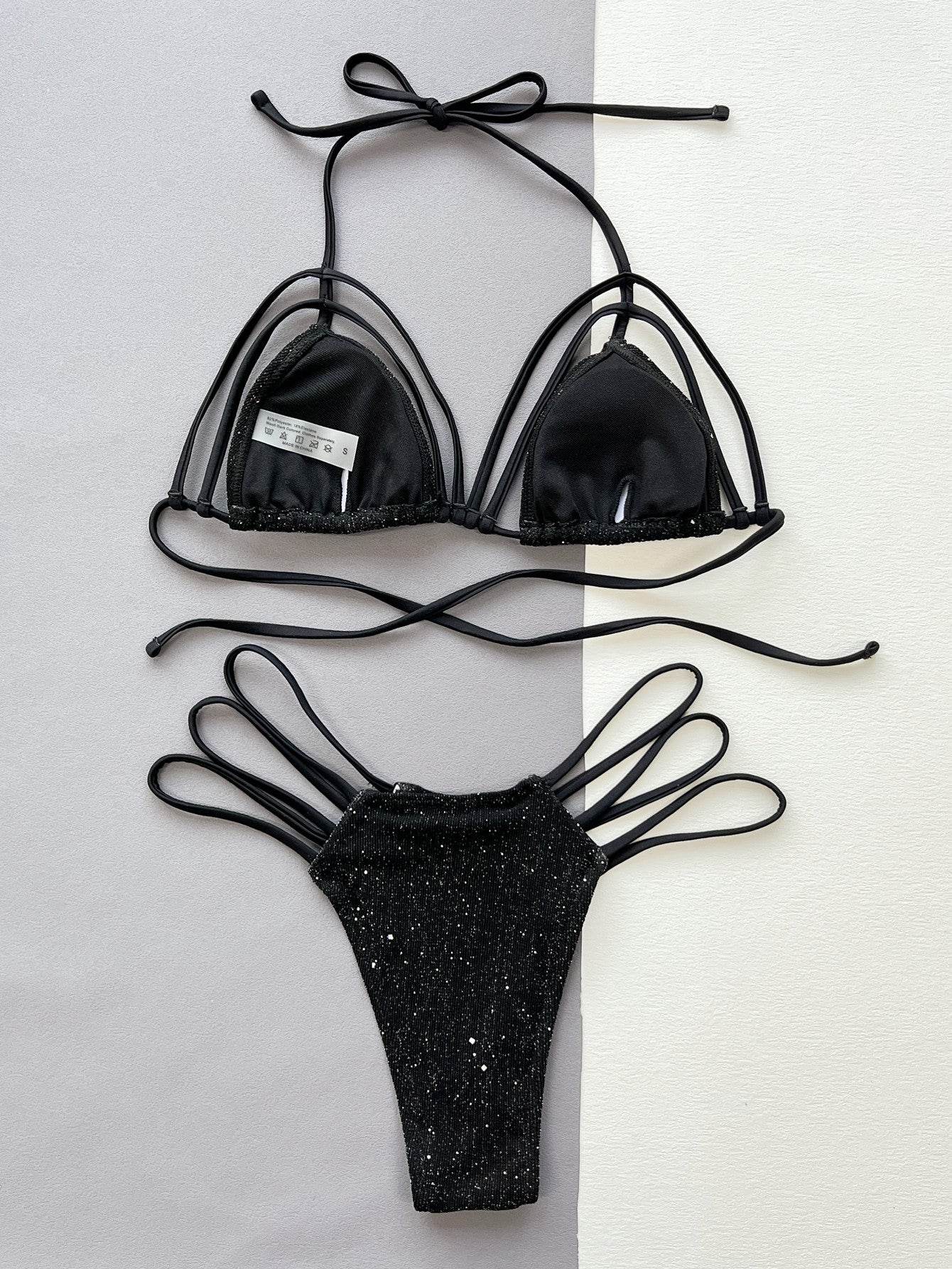 Glitter Halter Neck Strappy Two-Piece Bikini Set - Hovatok