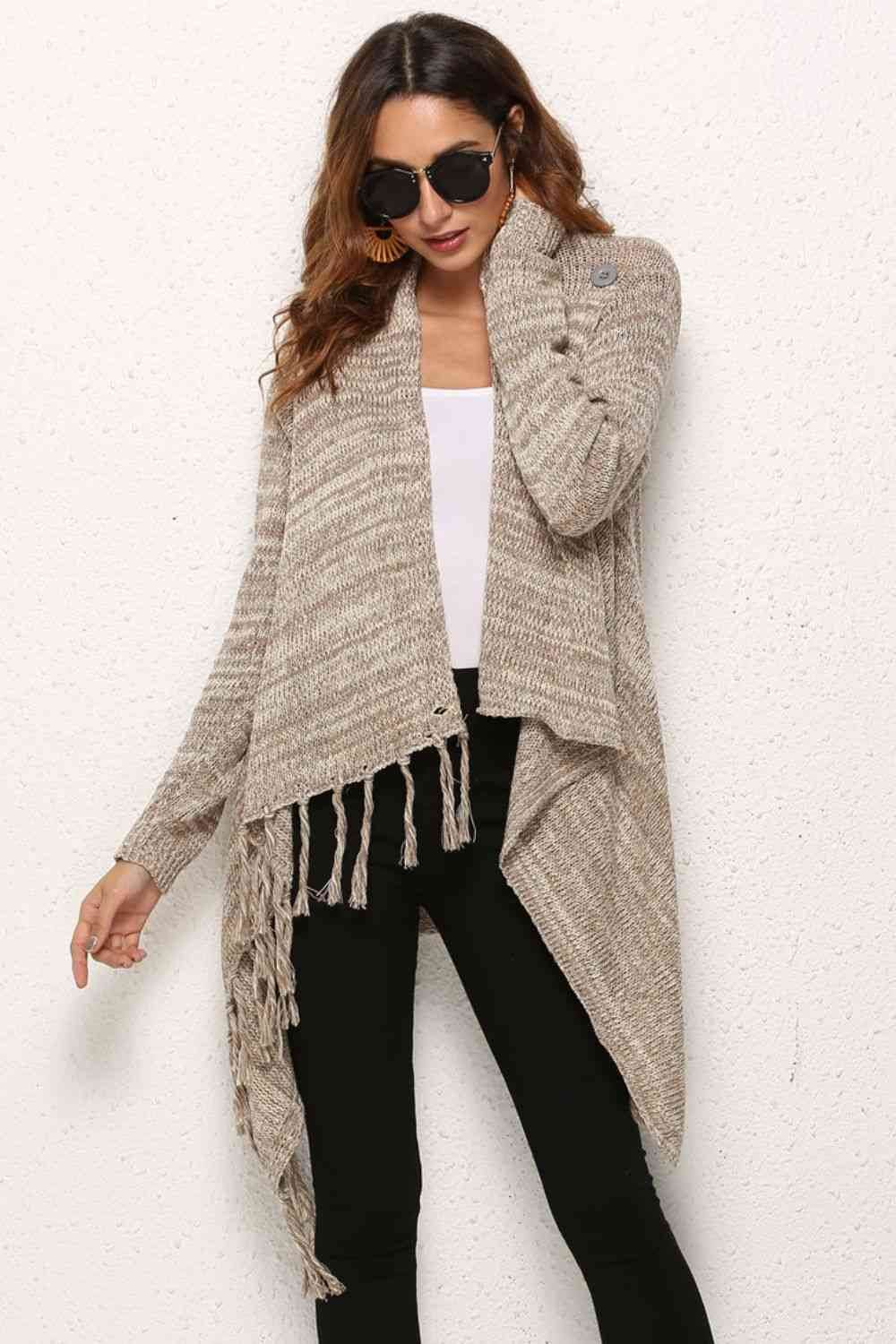 Angel Wings One-Button Tassel Tie Asymmetrical Hem Cardigan - Hovatok