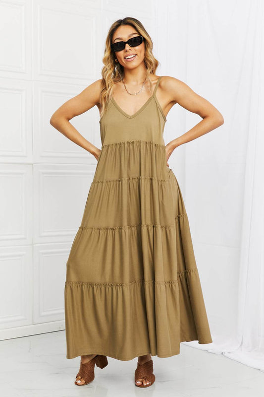 Zenana Full Size Spaghetti Strap Tiered Dress with Pockets in Khaki - Hovatok