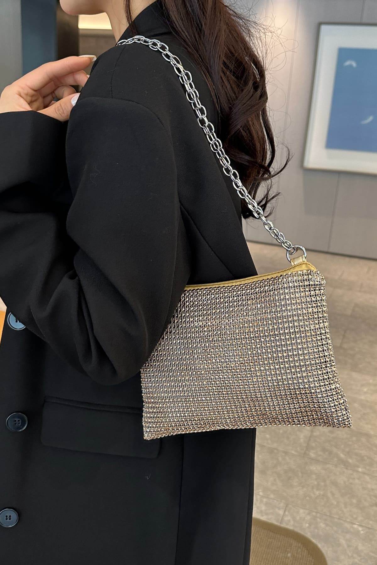 Rhinestone Polyester Chain Crossbody Bag - Hovatok