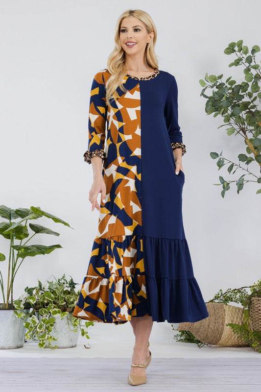 Celeste Full Size Color Block Midi Dress Plus Size - Hovatok