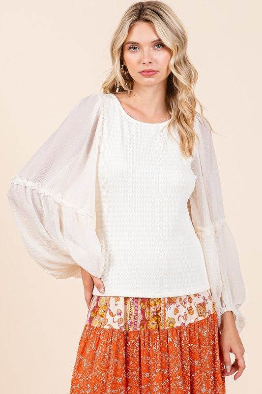 Mittoshop Mixed Media Textured Knit Chiffon Long Sleeve Top - Hovatok
