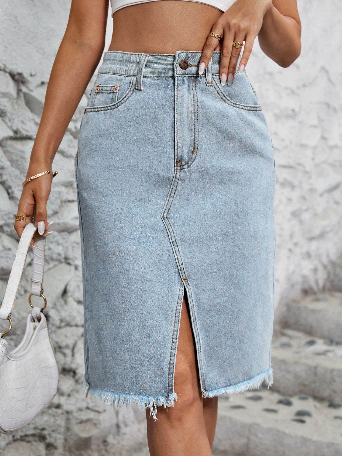 Raw Hem Slit Denim Skirt - Hovatok