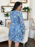 Double Take Full Size Printed Drawstring Waist Long Sleeve Dress - Hovatok