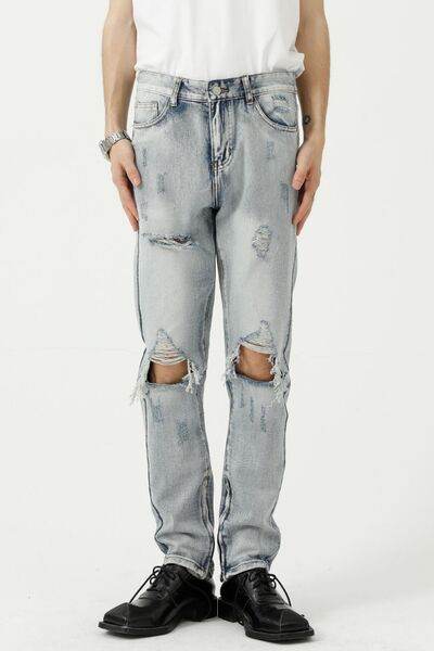 Distressed Side Zip Jeans with Pockets - Hovatok