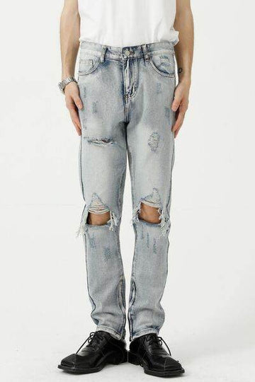 Distressed Side Zip Jeans with Pockets - Hovatok