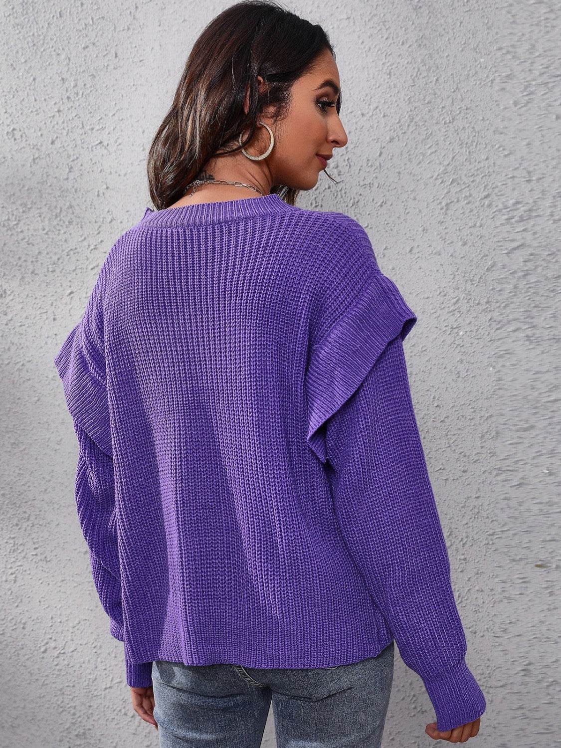 Ruffled Round Neck Dropped Shoulder Sweater - Hovatok