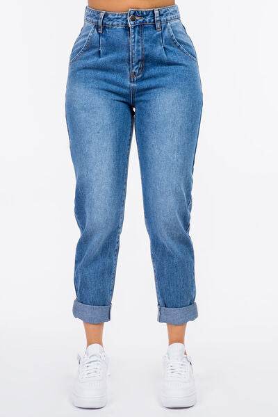 American Bazi High Waist Pleated Waist Mom Jeans - Hovatok