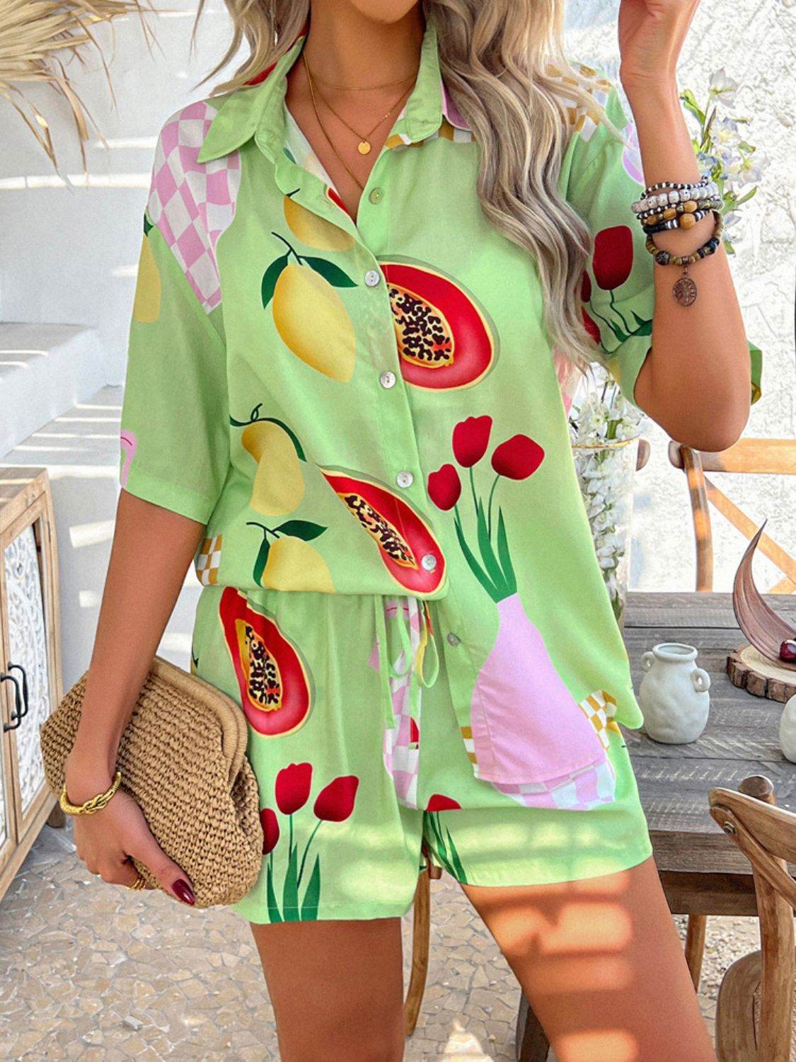 Devine Printed Button Down Shirt and Shorts Set - Hovatok