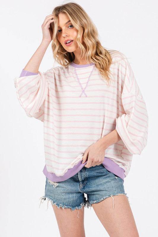 Ces Femme Striped Round Neck Drop Shoulder Sweatshirt - Hovatok