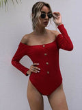 Perfee Decorative Button Off-Shoulder Long Sleeve Bodysuit - Hovatok