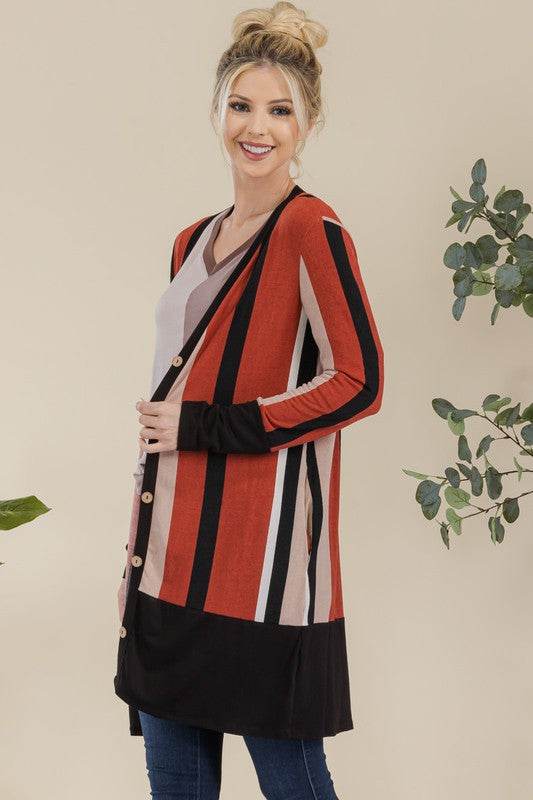 Celeste Full Size Striped Button Up Long Sleeve Cardigan Plus Size - Hovatok