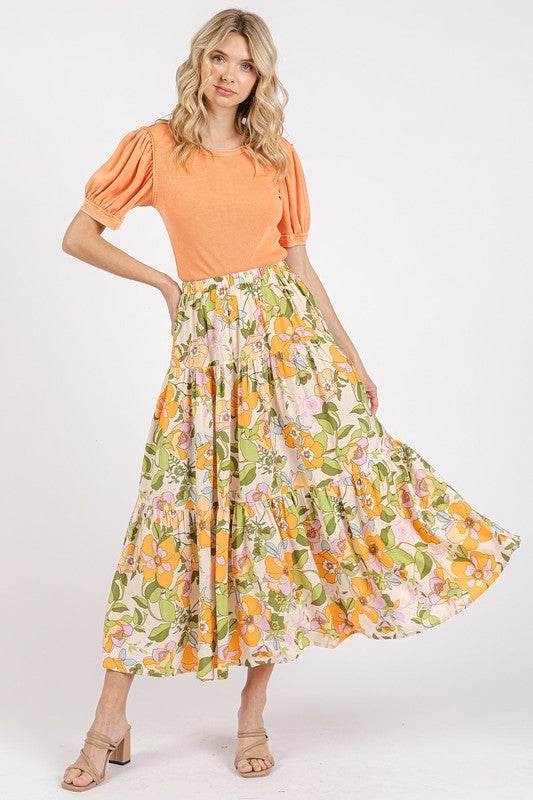 Mittoshop Flower Print Elastic Waist Tiered Skirt - Hovatok