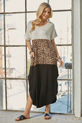 Celeste Full Size Leopard Color Block Short Sleeve Slit Maxi Dress with Pockets - Hovatok