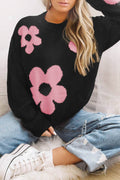 Round Neck Floral Pattern Color Contrast Design Long Sleeve Sweater - Hovatok