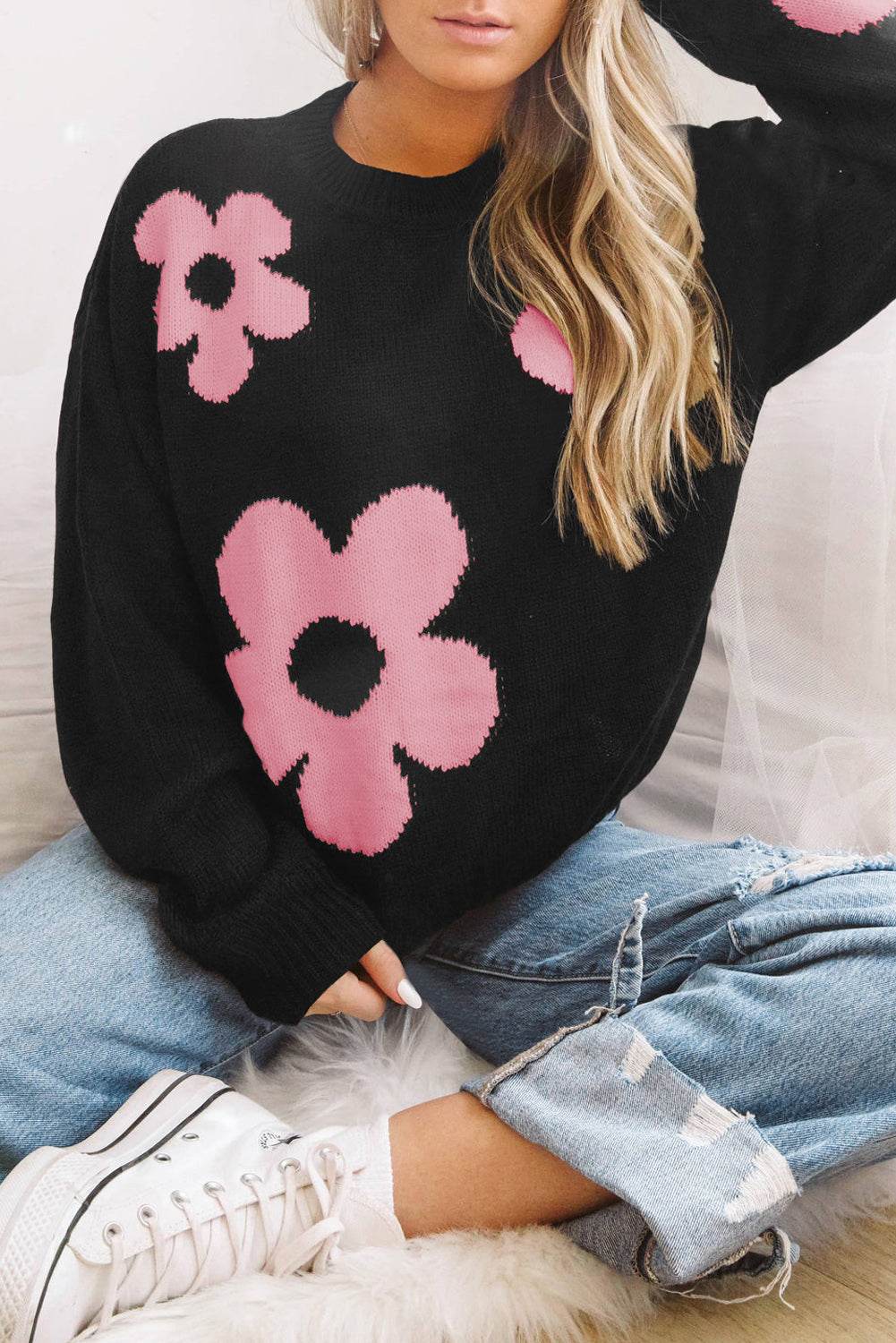 Round Neck Floral Pattern Color Contrast Design Long Sleeve Sweater - Hovatok