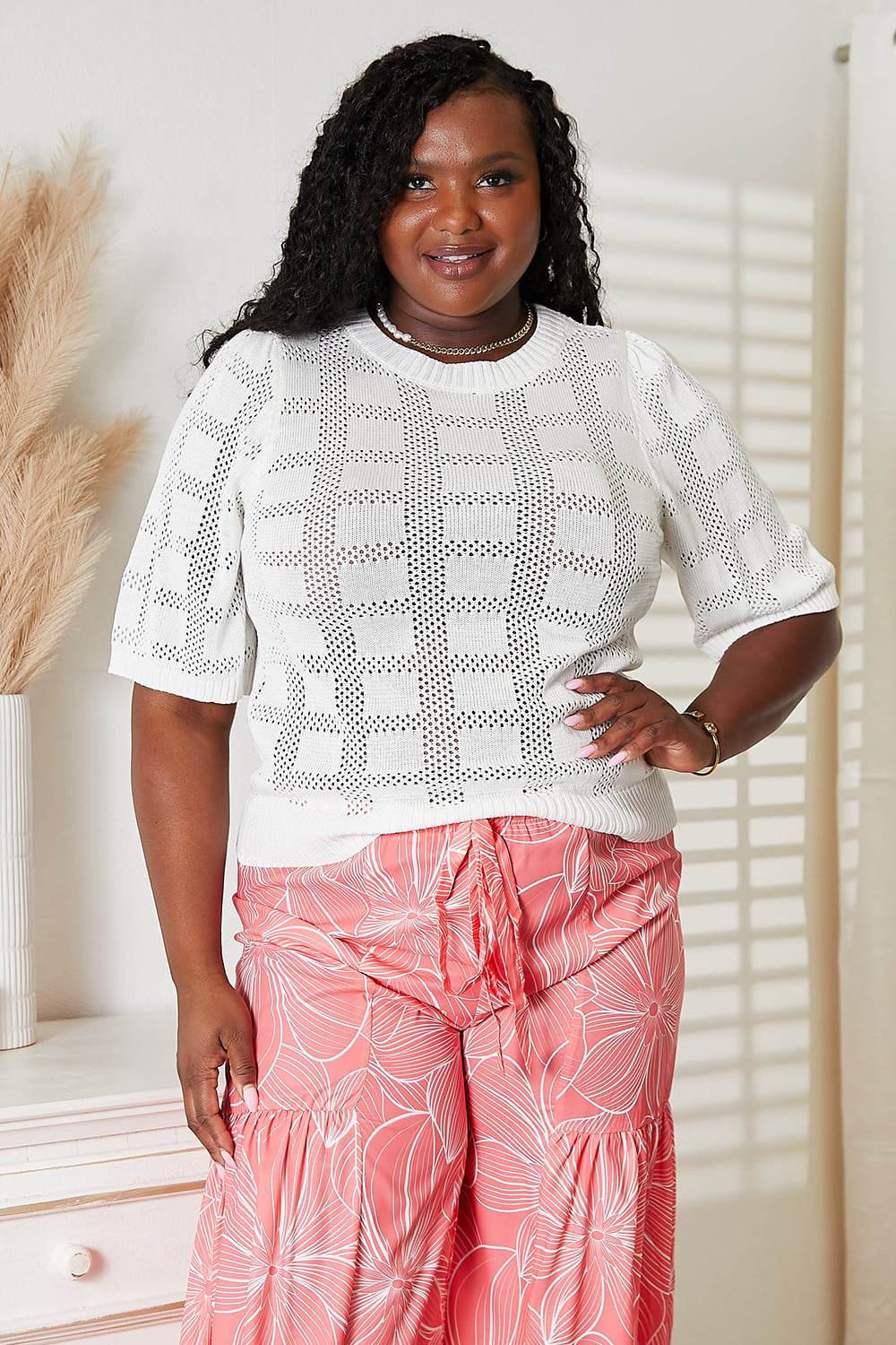 Mandy Ribbed Trim Round Neck Knit Top - Hovatok