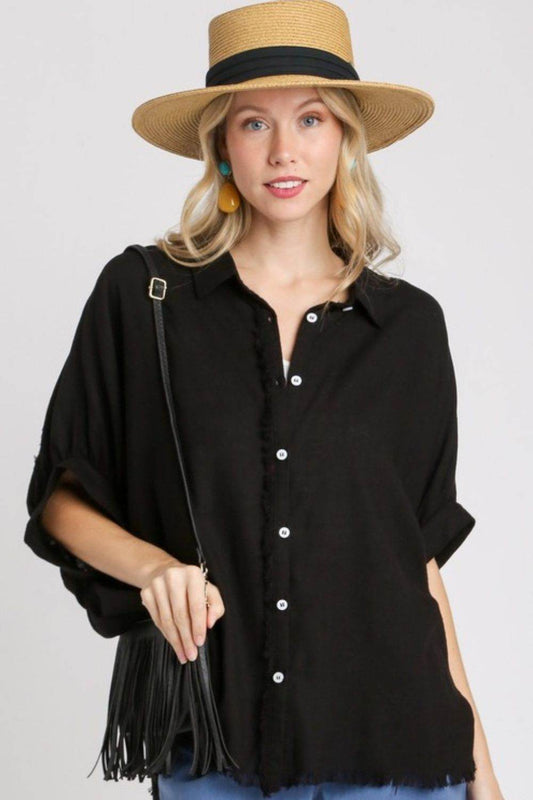 Umgee Full Size Linen Blend Button Down Shirt Plus Size - Hovatok