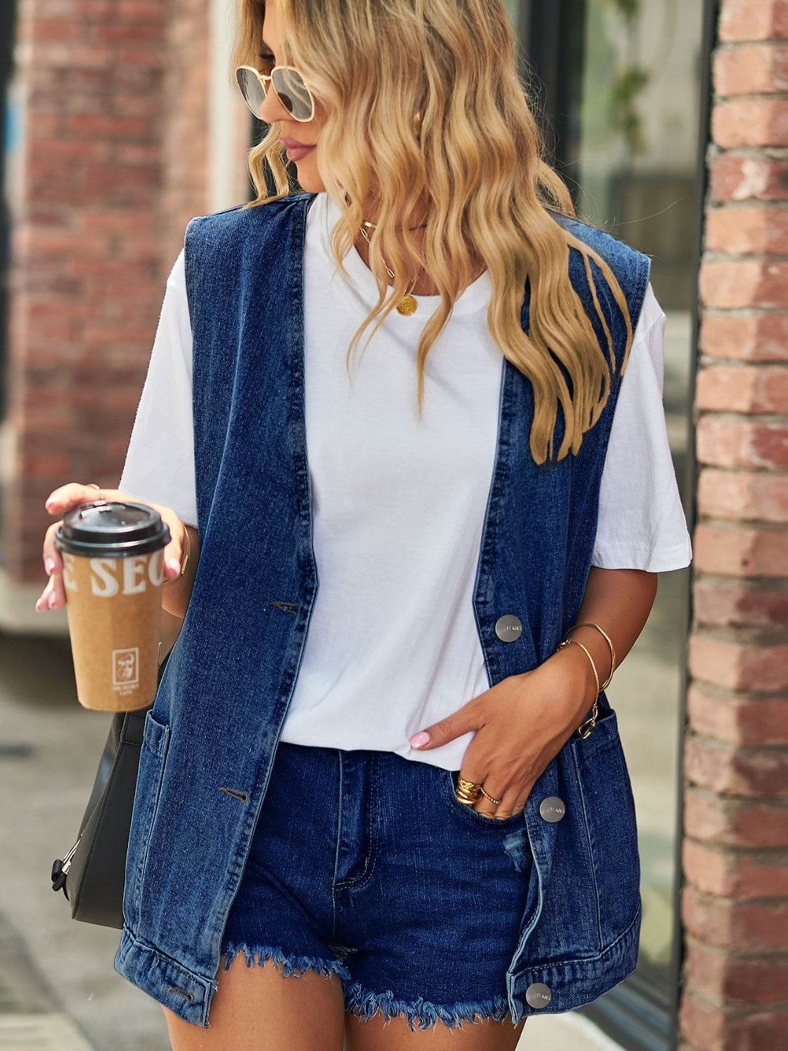 Full Size V-Neck Button Up Denim Vest - Hovatok