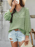 Devine Swiss Dot Lace Detail V-Neck Long Sleeve Blouse - Hovatok