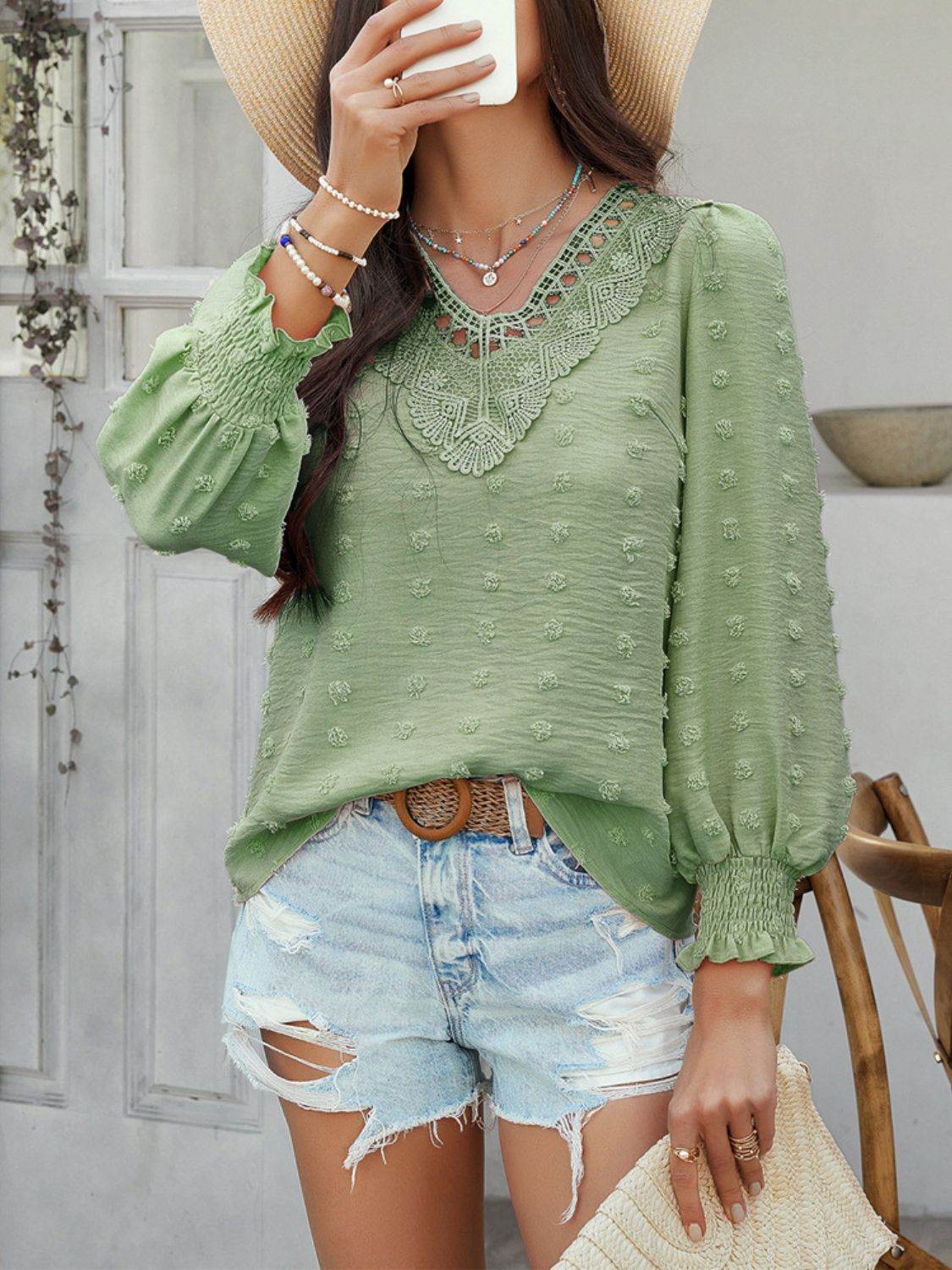 Devine Swiss Dot Lace Detail V-Neck Long Sleeve Blouse - Hovatok