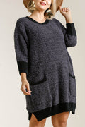 Umgee Full Size Ribbed Hem Round Neck 3/4 Sleeve Sweater Dress with Pockets Plus Size - Hovatok