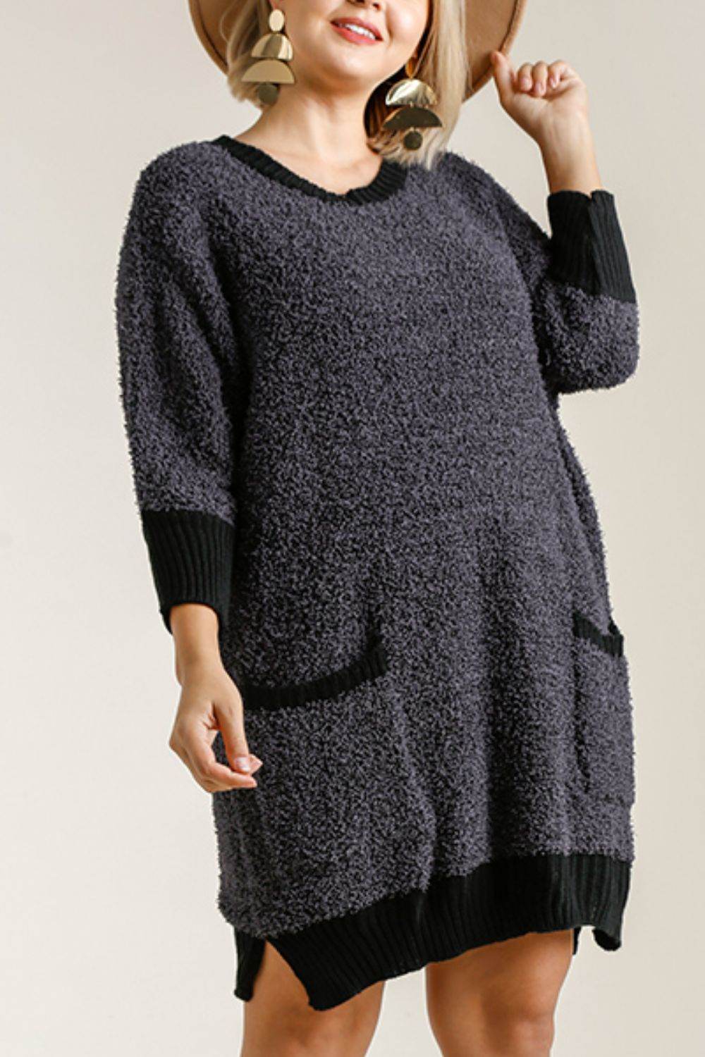 Umgee Full Size Ribbed Hem Round Neck 3/4 Sleeve Sweater Dress with Pockets Plus Size - Hovatok