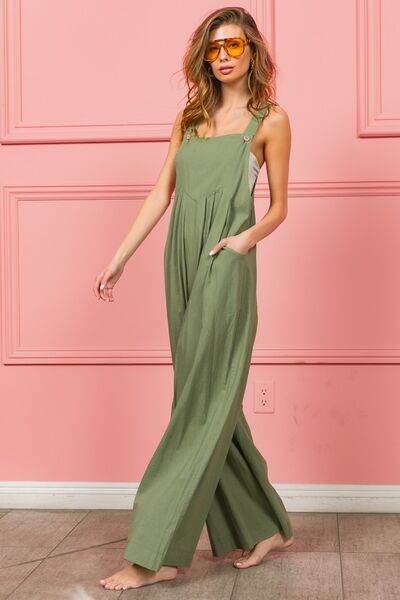 BiBi Ruched Wide Leg Overalls with Pockets - Hovatok