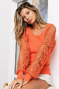 BiBi Round Neck Crochet Lace Sleeve Knit Top - Hovatok