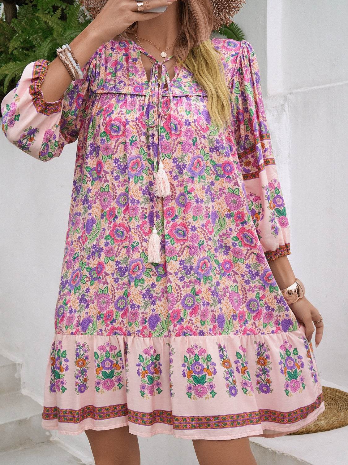 Devine Tassel Floral Tie Neck Mini Dress - Hovatok