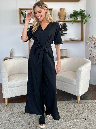 Double Take Full Size V-Neck Tied Side Slit Jumpsuit - Hovatok