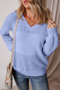 Openwork V-Neck Long Sleeve Sweater - Hovatok