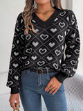 Heart Pattern V-Neck Long Sleeve Sweater - Hovatok