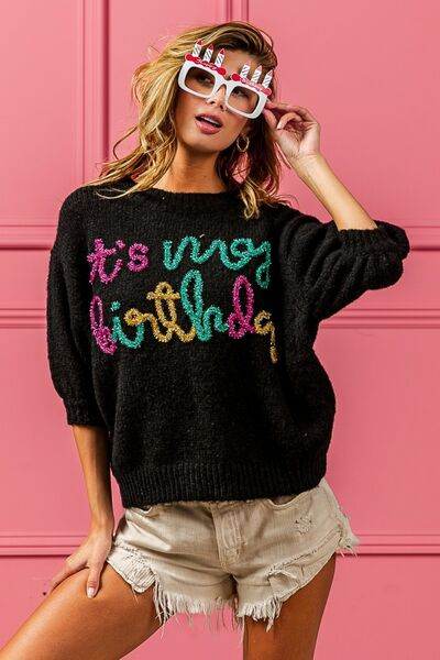 BiBi Metallic Letter Puff Sleeve Hairy Sweater - Hovatok