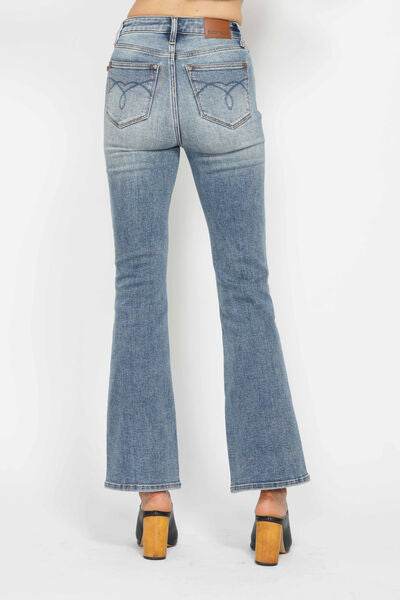 Judy Blue Full Size Tummy Control Back Embroidered Pocketed Bootcut Jeans Plus Size - Hovatok