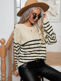 Striped Round Neck Cable-Knit Sweater - Hovatok