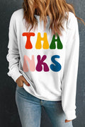 THANKS Round Neck Long Sleeve Sweatshirt - Hovatok