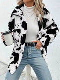 Cow Print Collared Neck Button Up Fuzzy Jacket - Hovatok