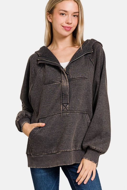 Zenana Acid Wash Fleece Kangaroo Hoodie - Hovatok
