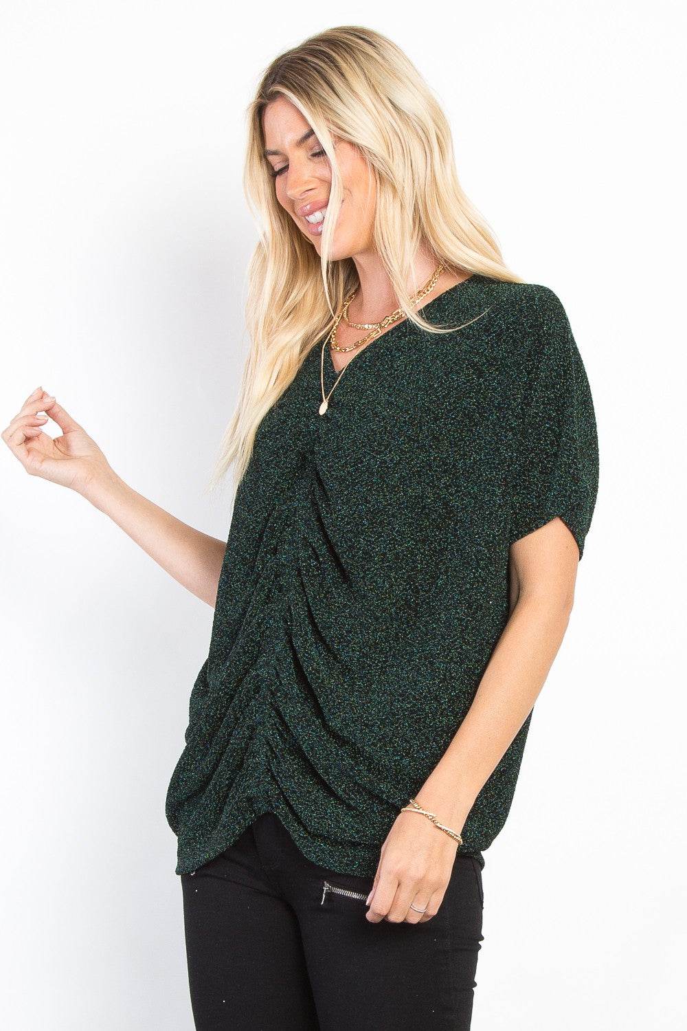 Be Stage Full Size Lurex Center Elastic Cinched Knit Top - Hovatok