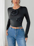 Perfee Flower Round Neck Long Sleeve Bodysuit - Hovatok