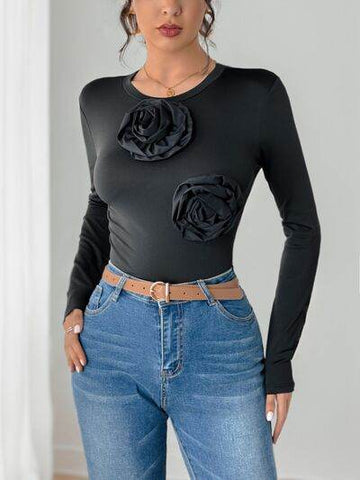 Perfee Flower Round Neck Long Sleeve Bodysuit - Hovatok