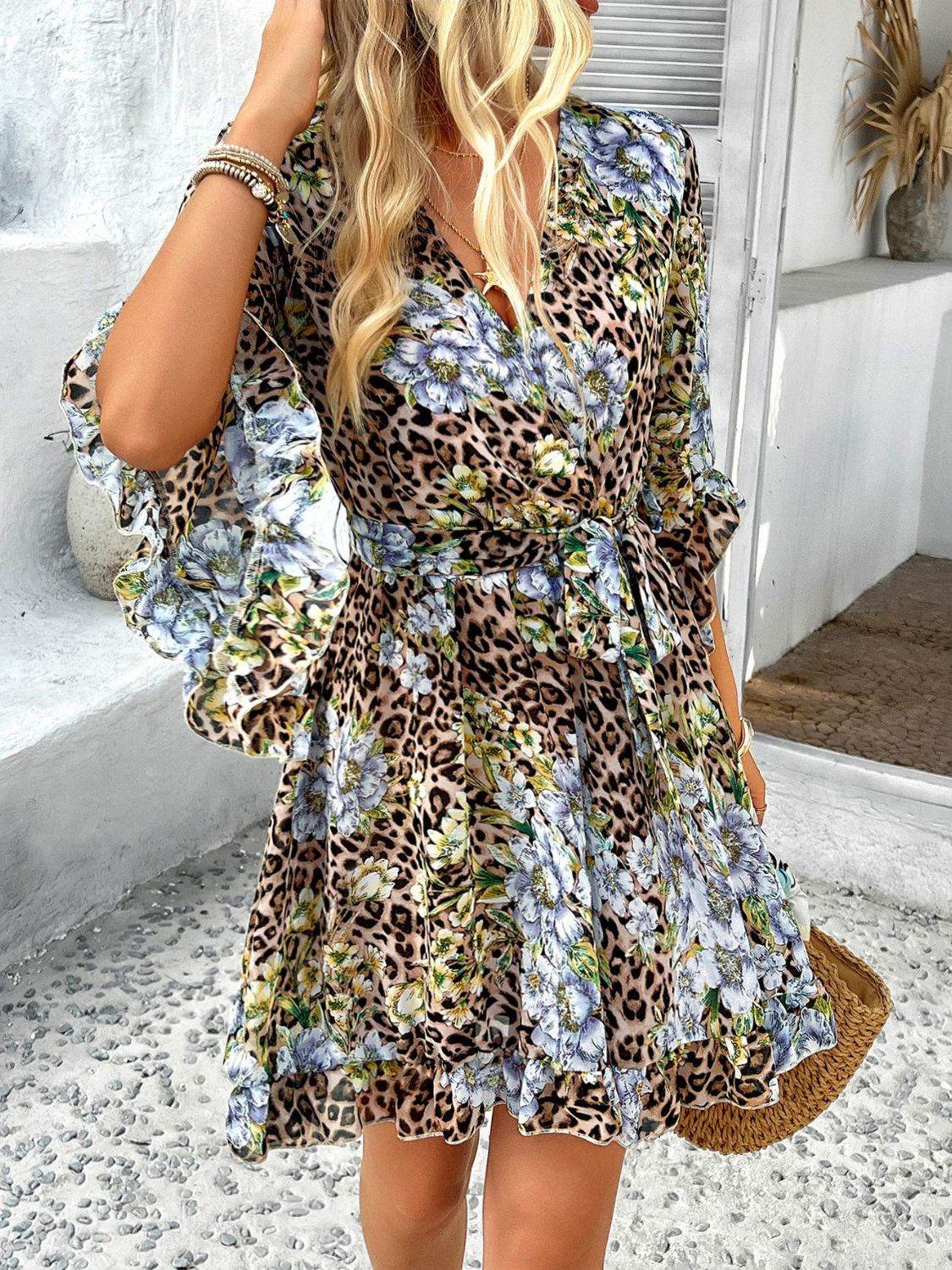 Devine Printed Surplice Ruffled 3/4 Sleeve Mini Dress - Hovatok