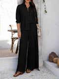 Devine Button Down Long Sleeve Top and Wide Leg Pants Set - Hovatok