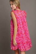 Umgee Full Size Smocked Detail Floral Metallic Ruffle Cap Sleeve Dress Plus Size - Hovatok