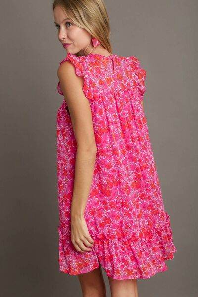 Umgee Full Size Smocked Detail Floral Metallic Ruffle Cap Sleeve Dress Plus Size - Hovatok