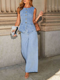 Button Down Vest and Wide Leg Jeans Denim Set - Hovatok