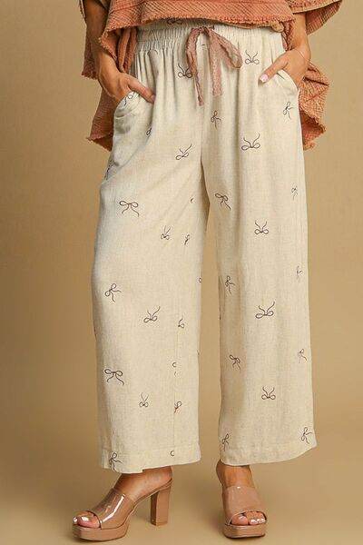 Umgee Full Size Lace Drawstring Embroidered Bow Wide Leg Pants Plus Size - Hovatok