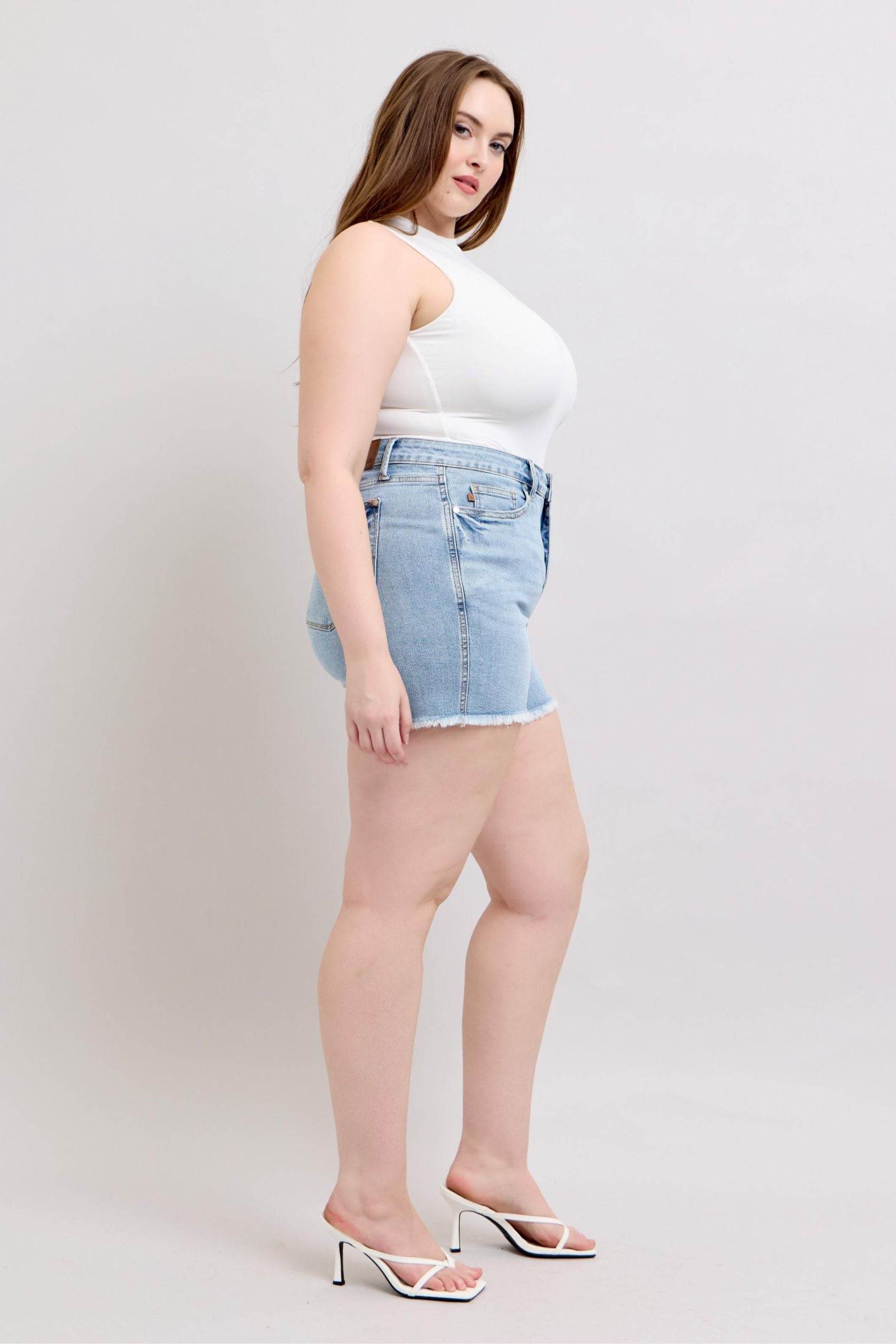 Judy Blue Full Size Tummy Control Raw Hem Denim Shorts Plus Size - Hovatok